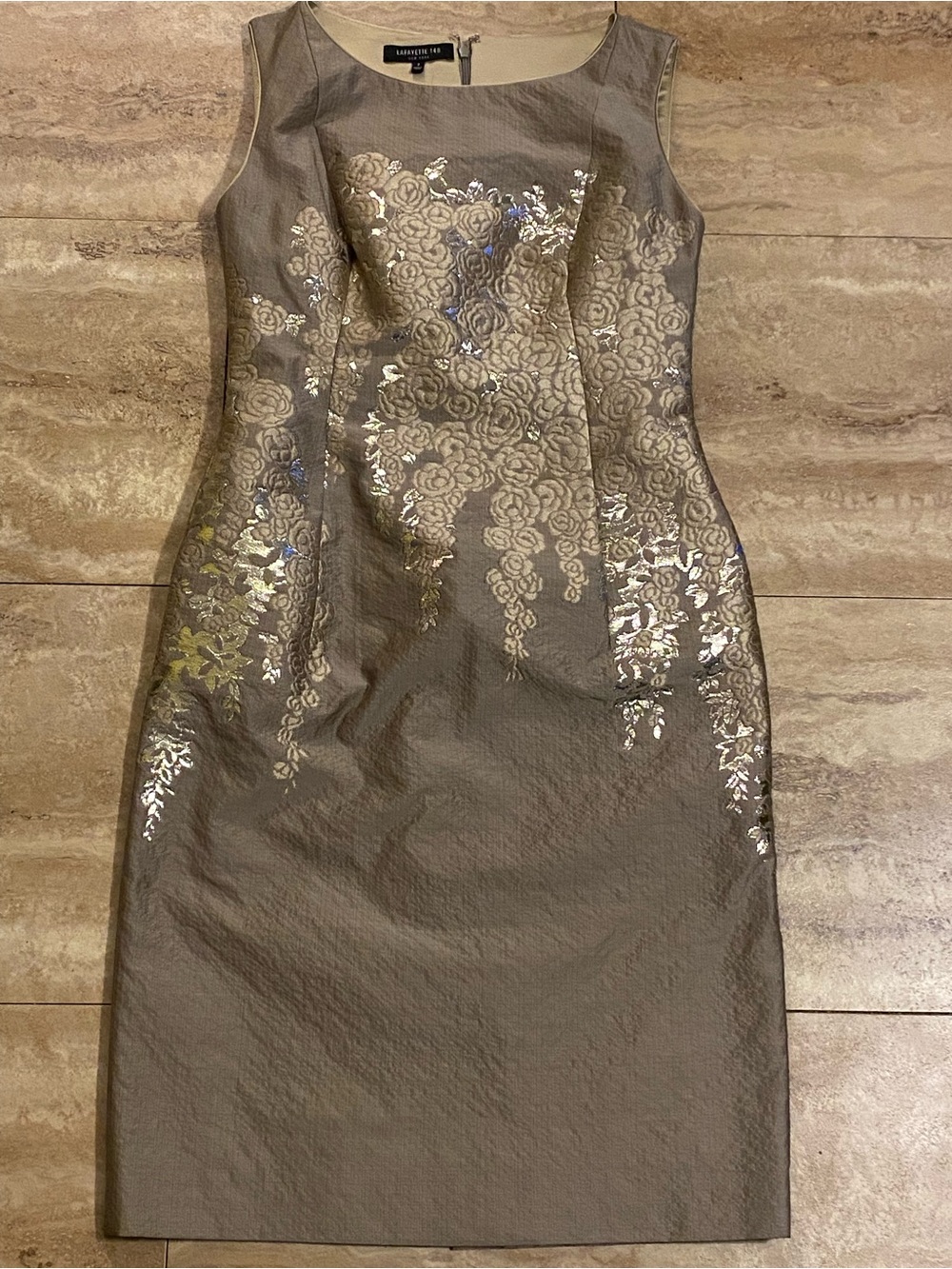 Lafayette 148 New York Taupe/Tan/Gold Floral Metallic Sheath Dress Lined